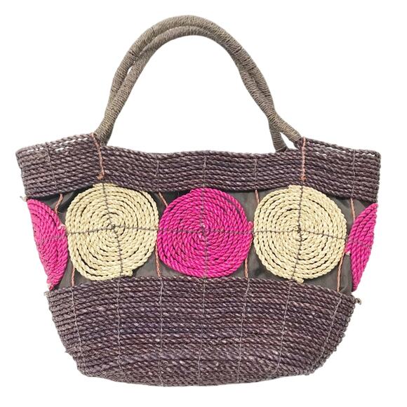 Braided Straw Bag Circle Detail Drawstring Closure - Picture 1 of 6